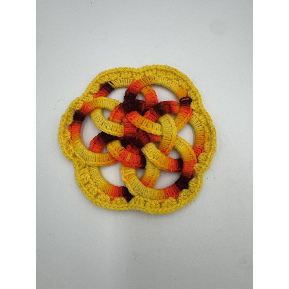 VTG Crocheted Celtic Knot Trivet Pot Holder Orange and Yellow Yarn Retro